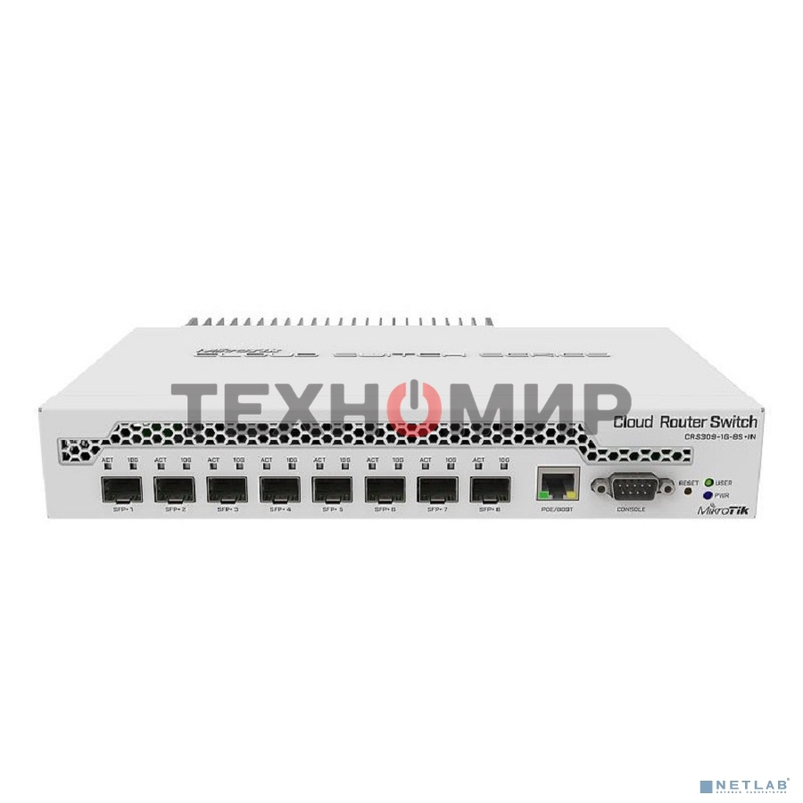 Коммутатор MikroTik CRS309-1G-8S+IN 8 SFP+, dual-core 800MHz CPU, 512MB RAM, POE, RS232 serial port