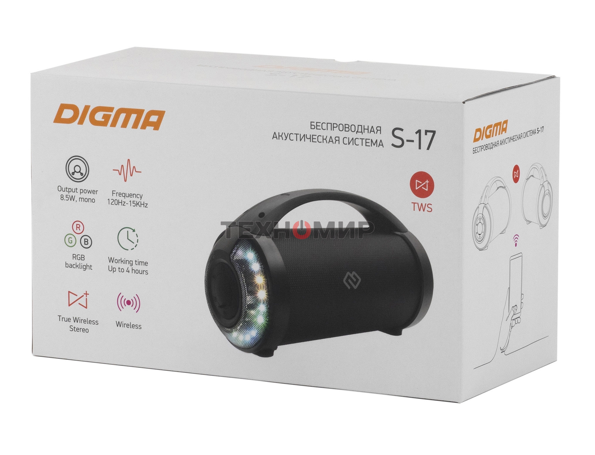Колонка портатитвная Digma S-17 черный 8.5W 1.0 BT/3.5Jack/USB 10м 1500mAh
