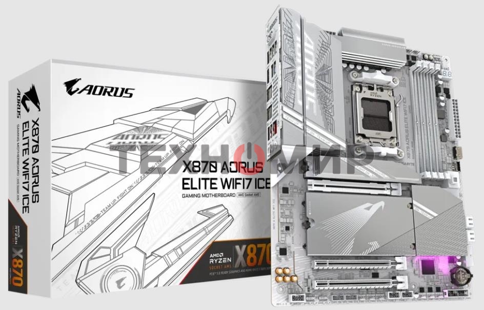 Материнская плата Gigabyte X870 AORUS ELITE WIFI7 ICE, AM5, AMD X870, 4xDDR5, 4xSATA, 4xM.2, 1xPCI-E 5.0 x16, 1xPCI-E 4.0 x4, 1xPCI-E 3.0 x2, 1xHDMI, 1x 2.5Gb LAN, 2xUSB-C 4.0, 2xUSB 3.2 Gen 2, 4xUSB 3.2 Gen 1, 4xUSB 2.0, 2x3.5 мм, 7.1, ATX