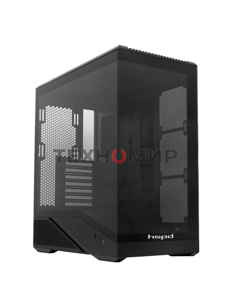 Компьютерный корпус без блока питания HSPD F711-TGbK, Panoramic Full Tower, Black, TG, 0.7 SPCC, no fans ATX, mATX, mITX 190/420/280мм 2x2.5