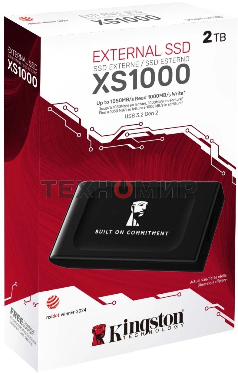 Внешний SSD Kingston XS1000, 2TB, USB 3.2 Gen 2 Type-C, R/W 1050/1000, черный