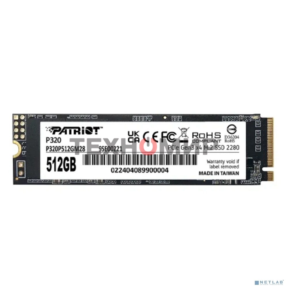 Накопитель SSD Patriot P320, 512Gb, PCIe 3.0 x4, M.2 2280, NVMe, R/W 3000/2200