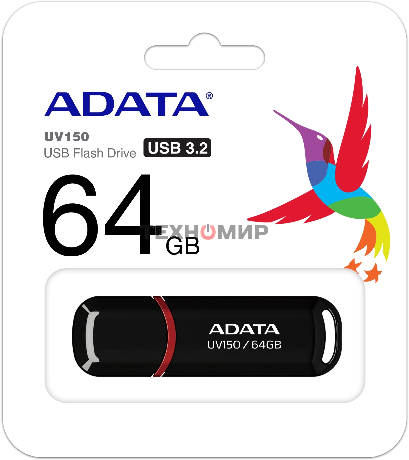 Флешка USB ADATA UV150 (AUV150-64G-RBK), 64Gb, USB 3.0, R/W 100/40, черный