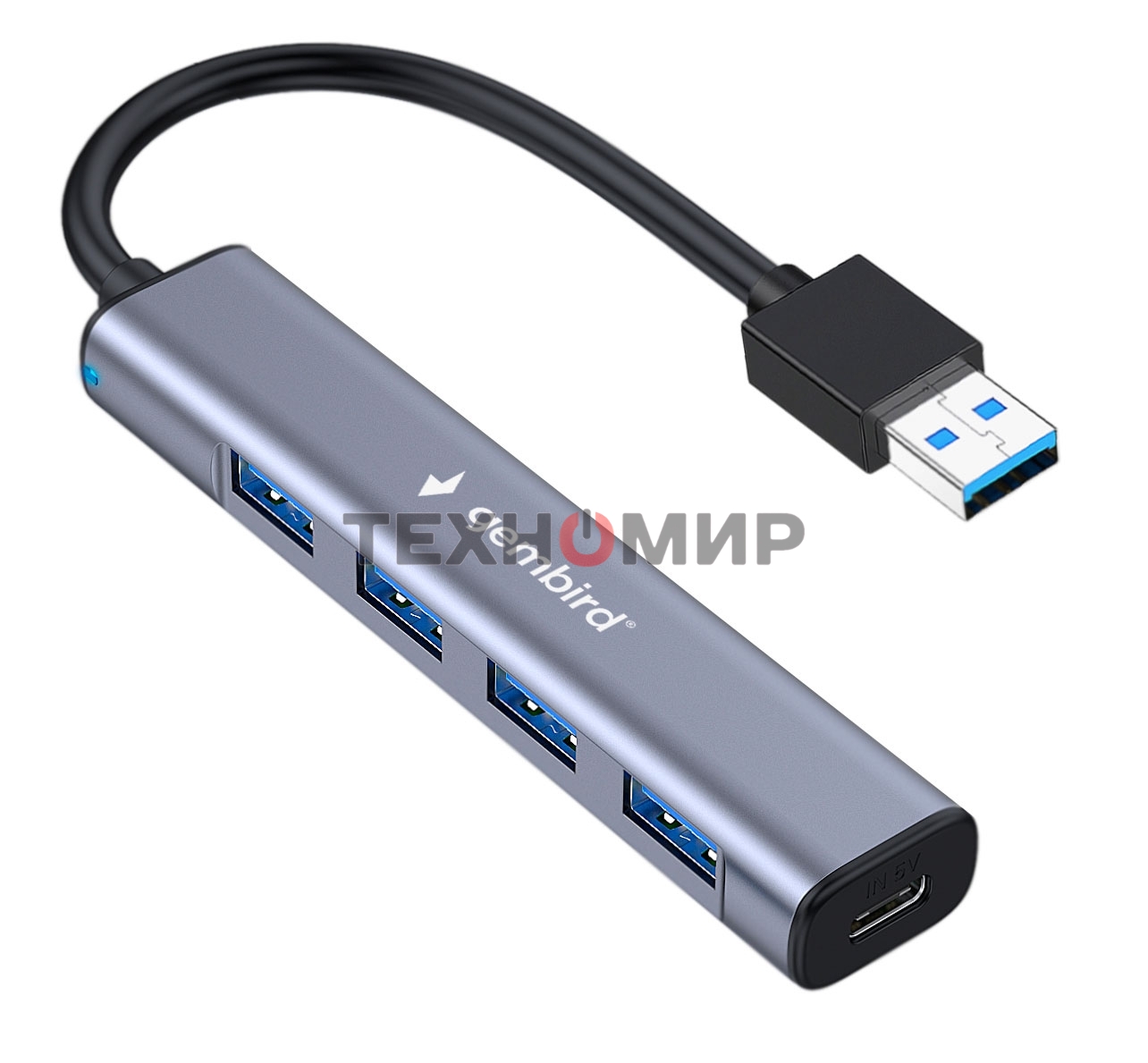 Разветвитель USB3.1 Gembird UHB-C484, 4хUSB, с доп.питанием (порт Type-C), кабель USB 19см, алюминий, коробка