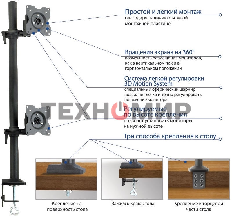 Настольное наклонно-поворотное крепление Kromax OFFICE-5, для 2-х LCD мониторов 13