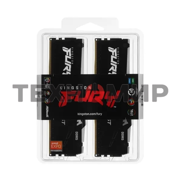 Оперативная память Kingston Fury Beast, DDR5, 32Gb (2x16GB), 5600MHz, CL36, DIMM, с радиаторами, RGB, черный