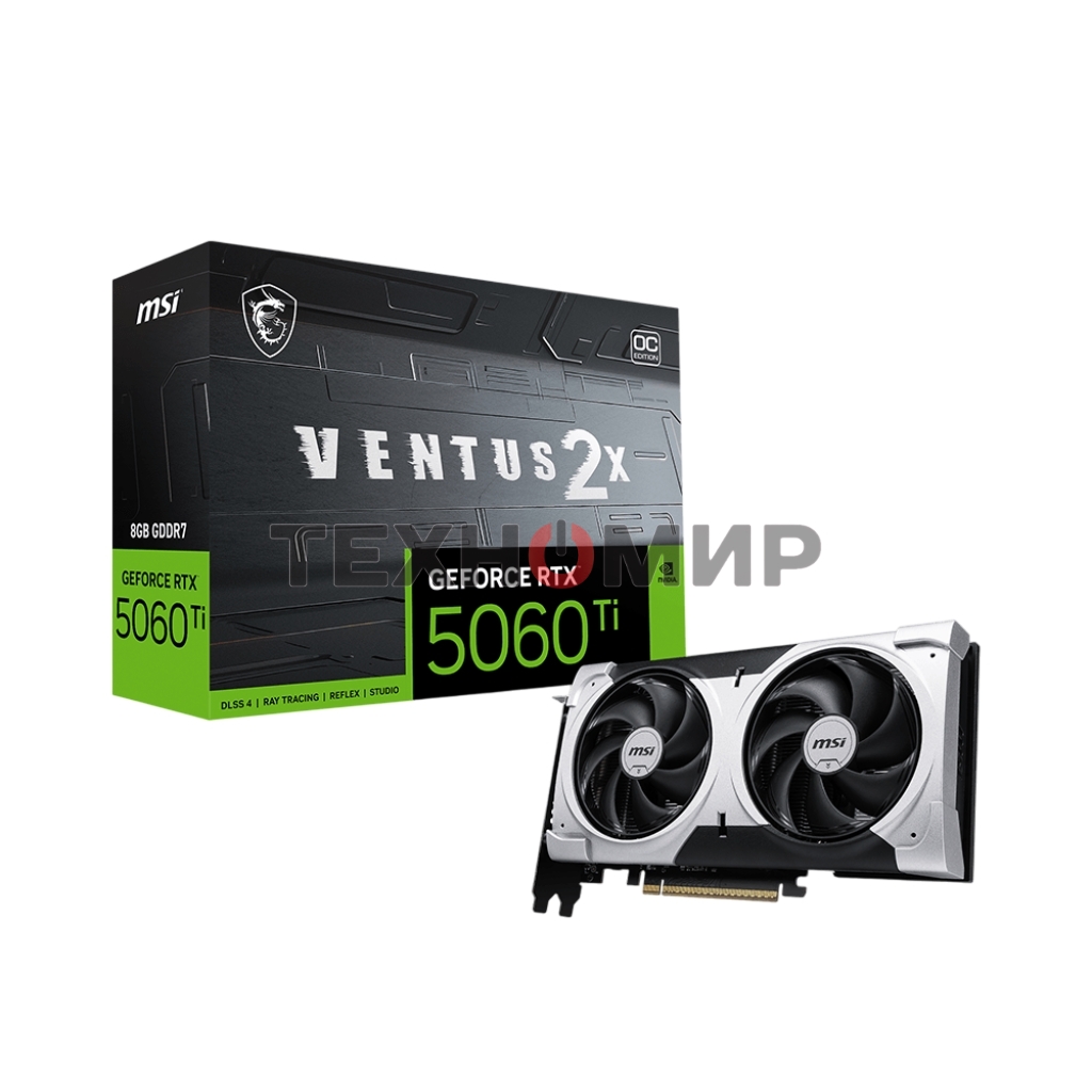 Видеокарта MSI RTX 5060 Ti 8G VENTUS 2X OC PLUS, NVIDIA RTX 5060 Ti, 8 ГБ GDDR7, 128 бит, PCI-e 5.0, 1xHDMI, 3xDP, 2617 МГц
