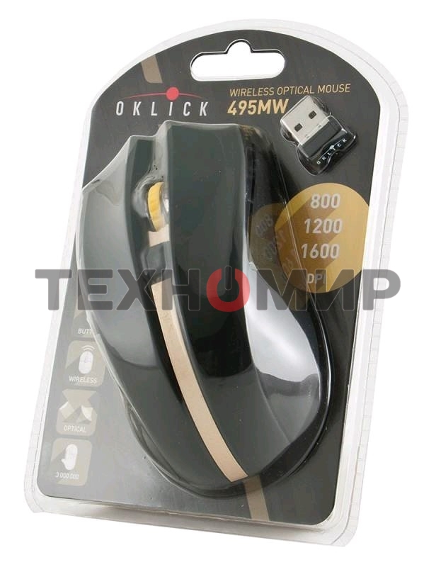 Мышь беспроводная Oklick 495MW черный/золотистый, 1600 dpi, радиоканал, USB, кнопки - 6