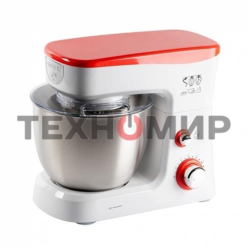 Миксер стационарный Endever Sigma-25, 1000 Вт., планетарный, многофункциональный, стальная чаша 3,5 л., регулировка скорости, белый/красный