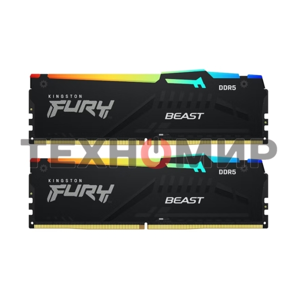 Оперативная память Kingston Fury Beast, DDR5, 32Gb (2x16Gb), 6000MHz, CL36, DIMM, с радиаторами, RGB, черный
