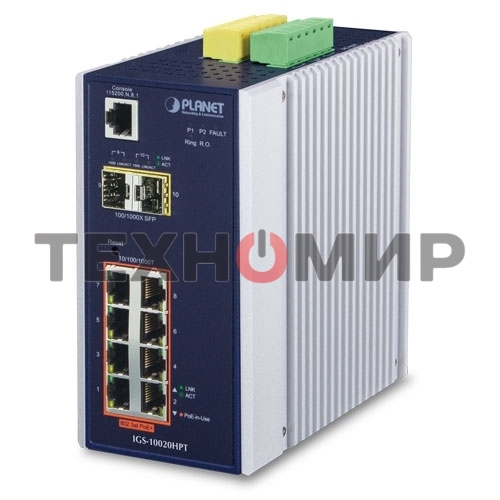Коммутатор индустриальный PoE IGS-10020HPT для монтажа в DIN-рейку IP30 L2+ SNMP Manageable 8-Port Gigabit POE+(AT) Switch + 2-Port Gigabit SFP Industrial Switch (-40 to 75 C), ERPS Ring Supported, 1588