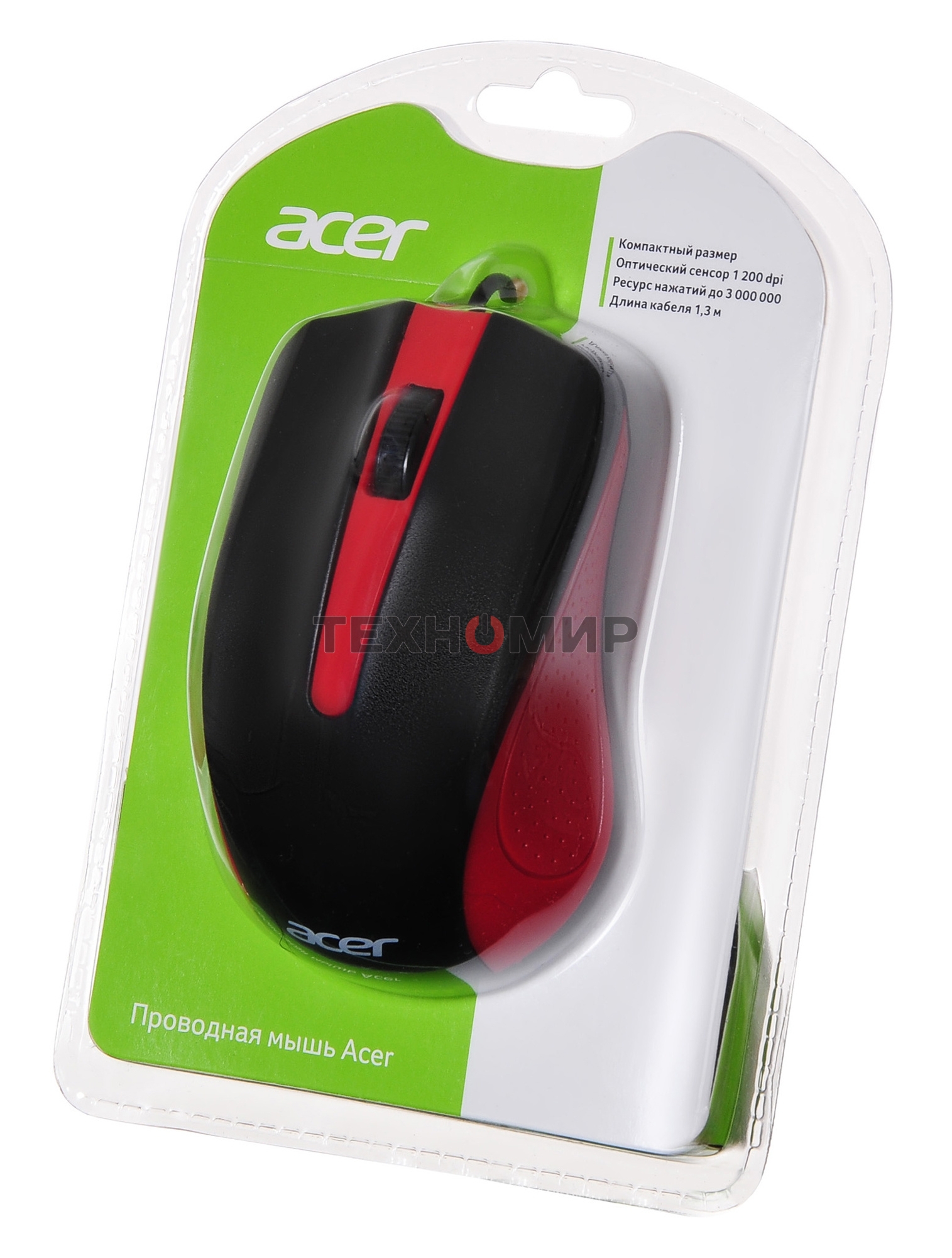 Мышь проводная Acer OMW012 черный/красный, 1200 dpi, USB, кнопки - 3