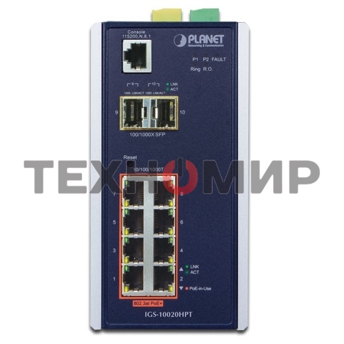 Коммутатор индустриальный PoE IGS-10020HPT для монтажа в DIN-рейку IP30 L2+ SNMP Manageable 8-Port Gigabit POE+(AT) Switch + 2-Port Gigabit SFP Industrial Switch (-40 to 75 C), ERPS Ring Supported, 1588