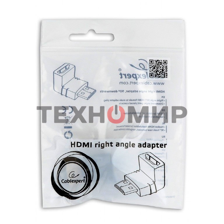Переходник Cablexpert HDMI-HDMI 19F/19M, угловойсоединитель 90 градусов, золотые разъемы (A-HDMI90-FML)