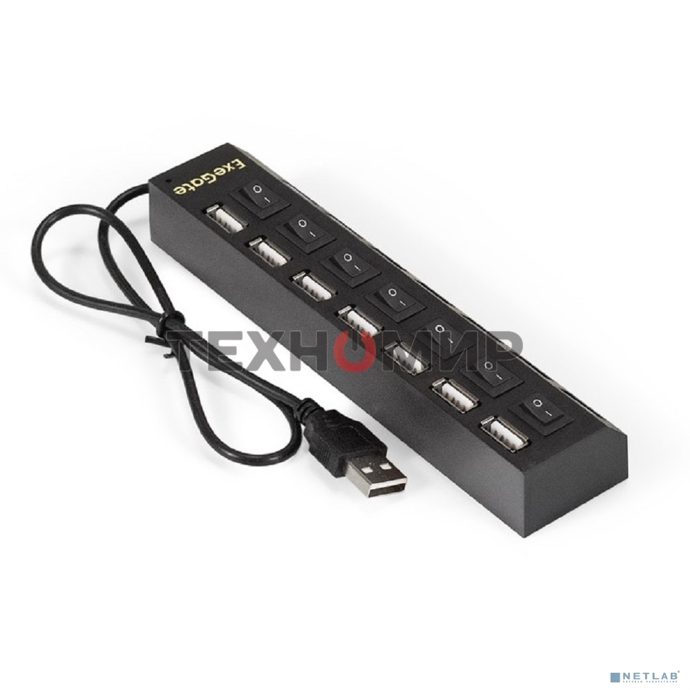 USB-концентратор ExeGate EX293978RUS DUB-72SW (кабель-адаптер USB2.0 --> 7xUSB2.0, кнопки включения/отключения для каждого порта, Plug&Play, черный)