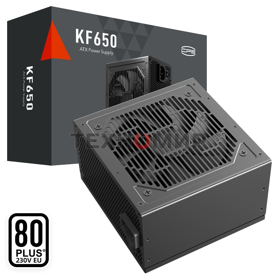Блок питания PCCOOLER KF650, 650W 80 PLUS White (ATX, ATX 2.4, Non-modular, 1x24(20+4)pin 550мм, 1xCPU*2 8(4+4)pin 610+150мм, 2xPCIe 8(6+2)pin 510мм, 2xSATA*3+MOLEX4pin*1 450+150+150+150мм, Active, 120x120мм, 140x150x86мм, APFC, OVP, SCP, OPP (140-160%, 2