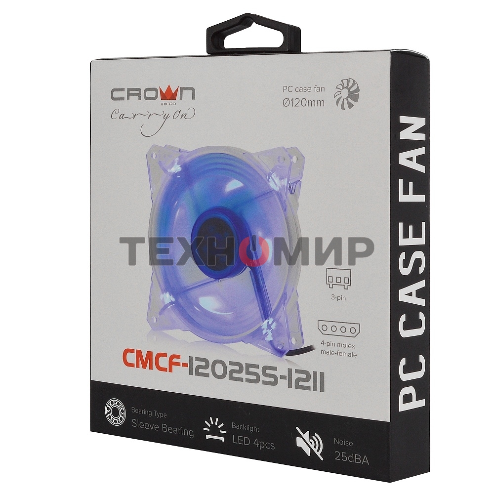 Вентилятор для корпуса Crown CMCF-12025S-1211 прозрачный/синий, 120 мм, 1650 об/мин, 28 дБ, 3 pin