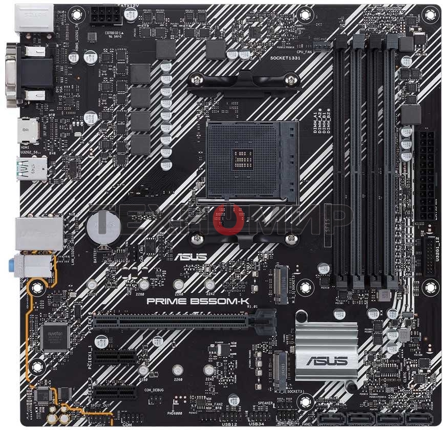 Материнская плата ASUS PRIME B550M-K, AM4, AMD B550, 4xDDR4, 4xSATA, 2xM.2, 1xPCIe 4.0 x16, 2xPCIe x1, 1xDVI-D, 1xHDMI, 1xVGA, 1x 1Gb LAN, 4xUSB 3.2 Gen 1, 2xUSB 3.2 Gen 2, 3x3.5 мм, 7.1, mATX