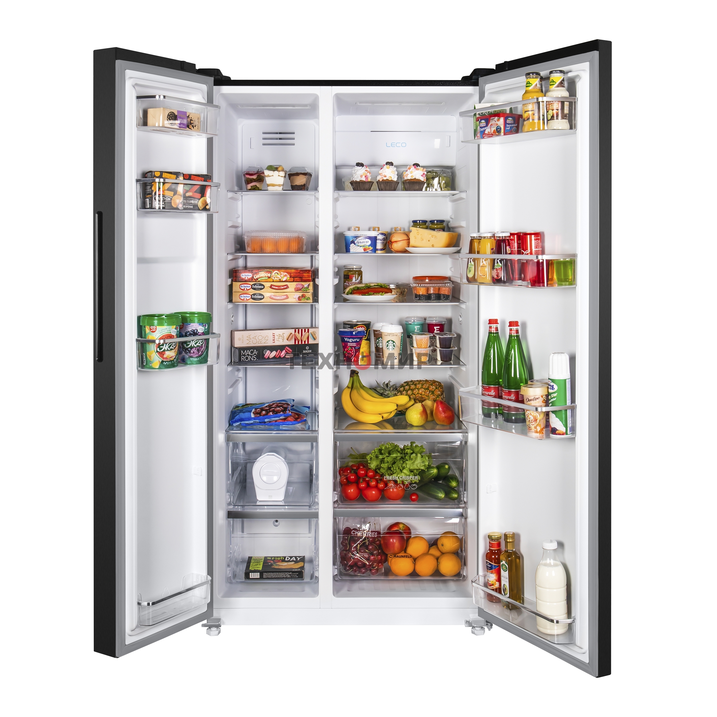 Холодильник Maunfeld MFF177NFSB черный глянц. двухкамерный 263/170л морозилка сбоку, No Frost, Side by Side