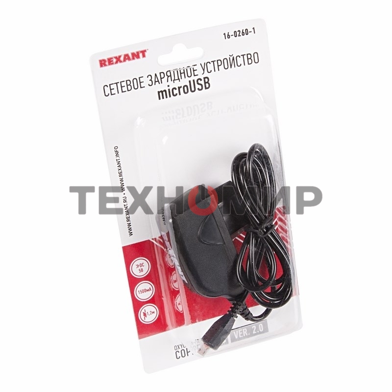 Сетевое зарядное устройство Rexant microUSB 220 В (СЗУ) (5 V, max: 1500 mA) шнур 1.2 м черный