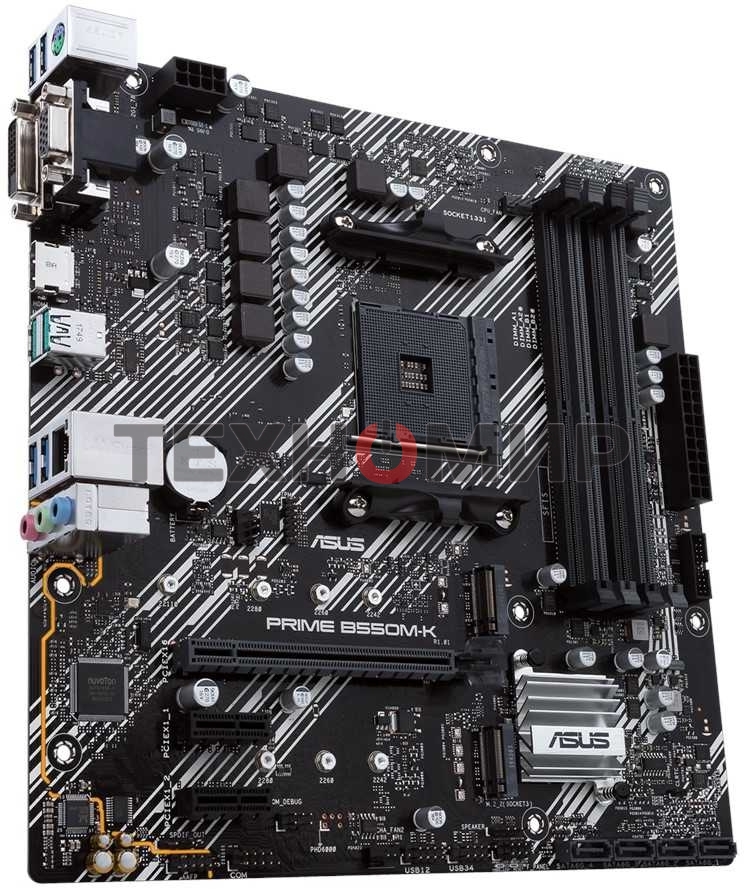 Материнская плата ASUS PRIME B550M-K, AM4, AMD B550, 4xDDR4, 4xSATA, 2xM.2, 1xPCIe 4.0 x16, 2xPCIe x1, 1xDVI-D, 1xHDMI, 1xVGA, 1x 1Gb LAN, 4xUSB 3.2 Gen 1, 2xUSB 3.2 Gen 2, 3x3.5 мм, 7.1, mATX