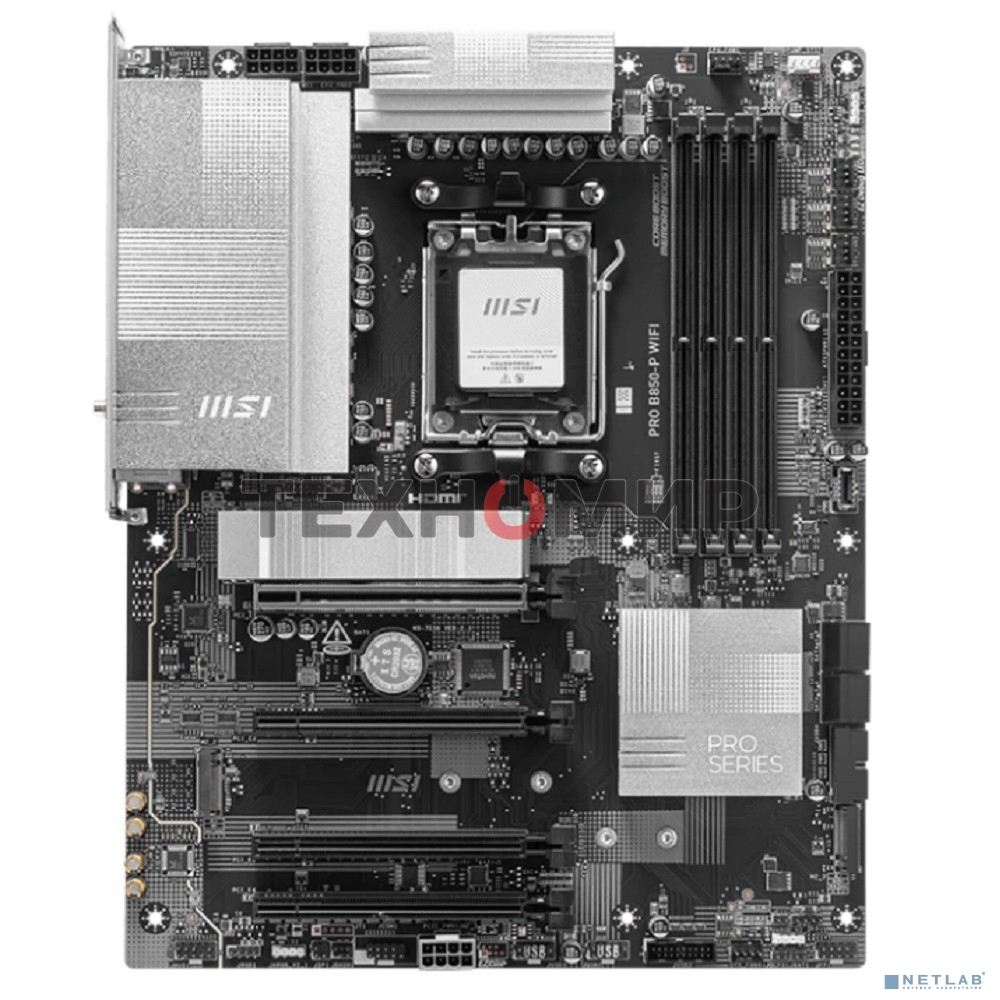 Материнская плата MSI PRO B850-P WIFI, AM5, AMD B850, 4xDDR5, 4xSATA, 3xM.2, 1xPCIe 5.0 x16, 1xPCIe 4.0 x4, 2xPCIe 3.0 x1, 1xHDMI, 1x5Gb LAN, Wi-Fi 7, 4xUSB 2.0, 1xUSB 3.2 Gen 1, 1xUSB 3.2 Gen 2, 2xUSB-C 3.2 Gen 2, 2x3.5 мм, 7.1, ATX