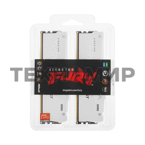 Оперативная память Kingston Fury Beast, DDR5, 32Gb (2x16Gb), 6000MHz, CL36, DIMM, с радиаторами, RGB, белый