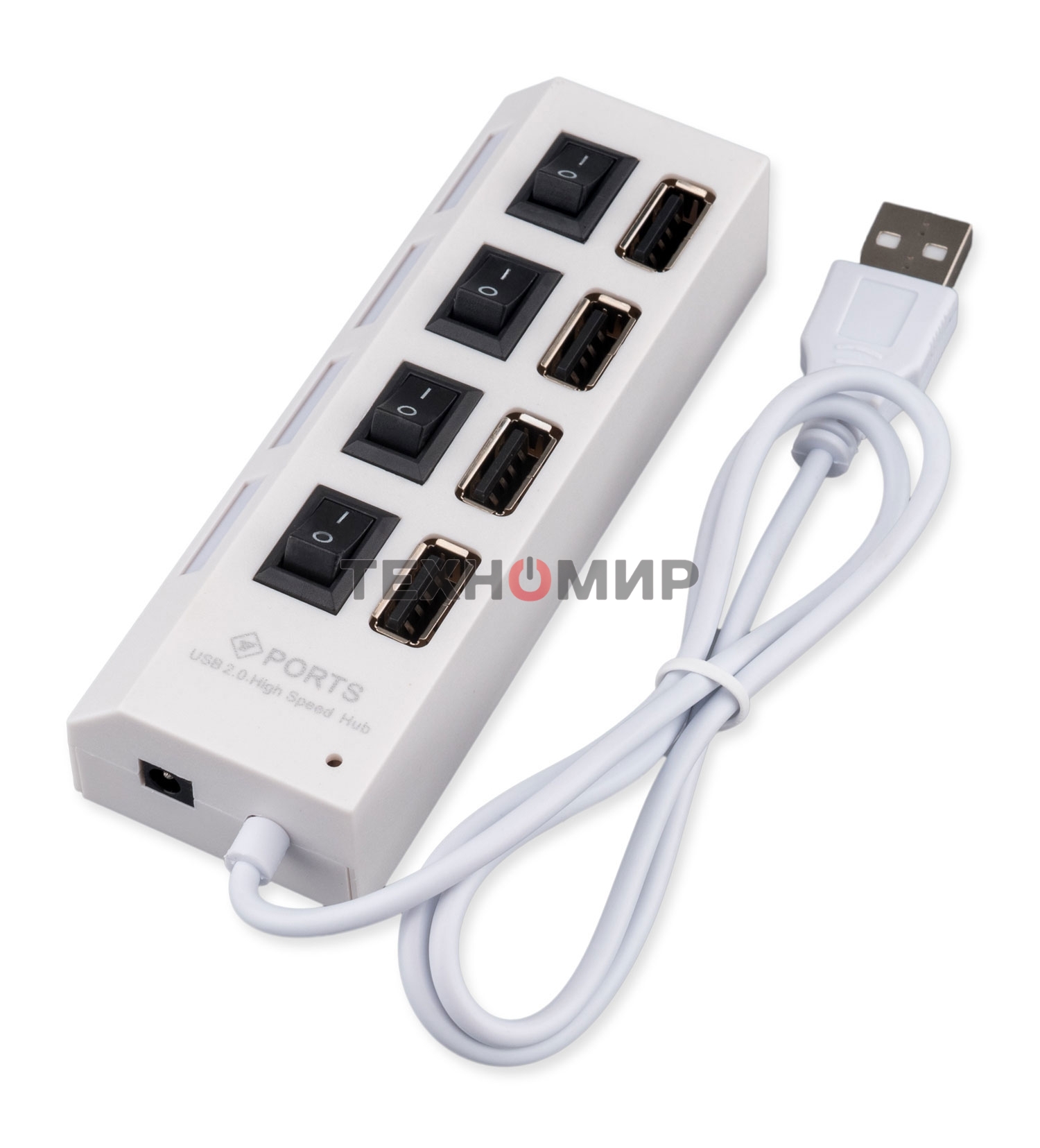 Разветвитель USB2.0 Gembird UHB-243-ADW, 4хUSB, с доп. питанием, подсветка и выключатели, кабель USB 55 см, белый, коробка