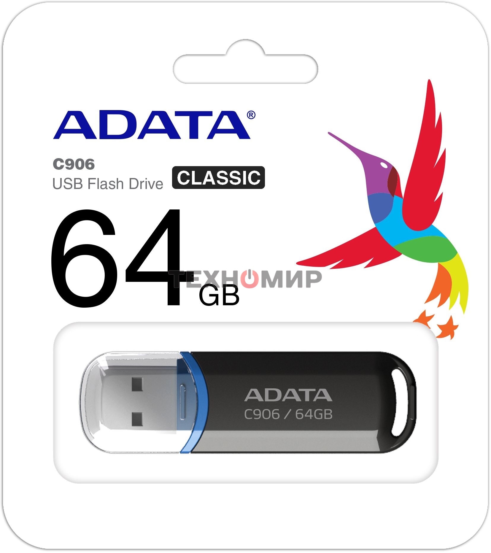 Флешка USB ADATA Classic C906 (AC906-64G-RBK), 64Gb, USB 2.0, R/W 15/5, черный/синий