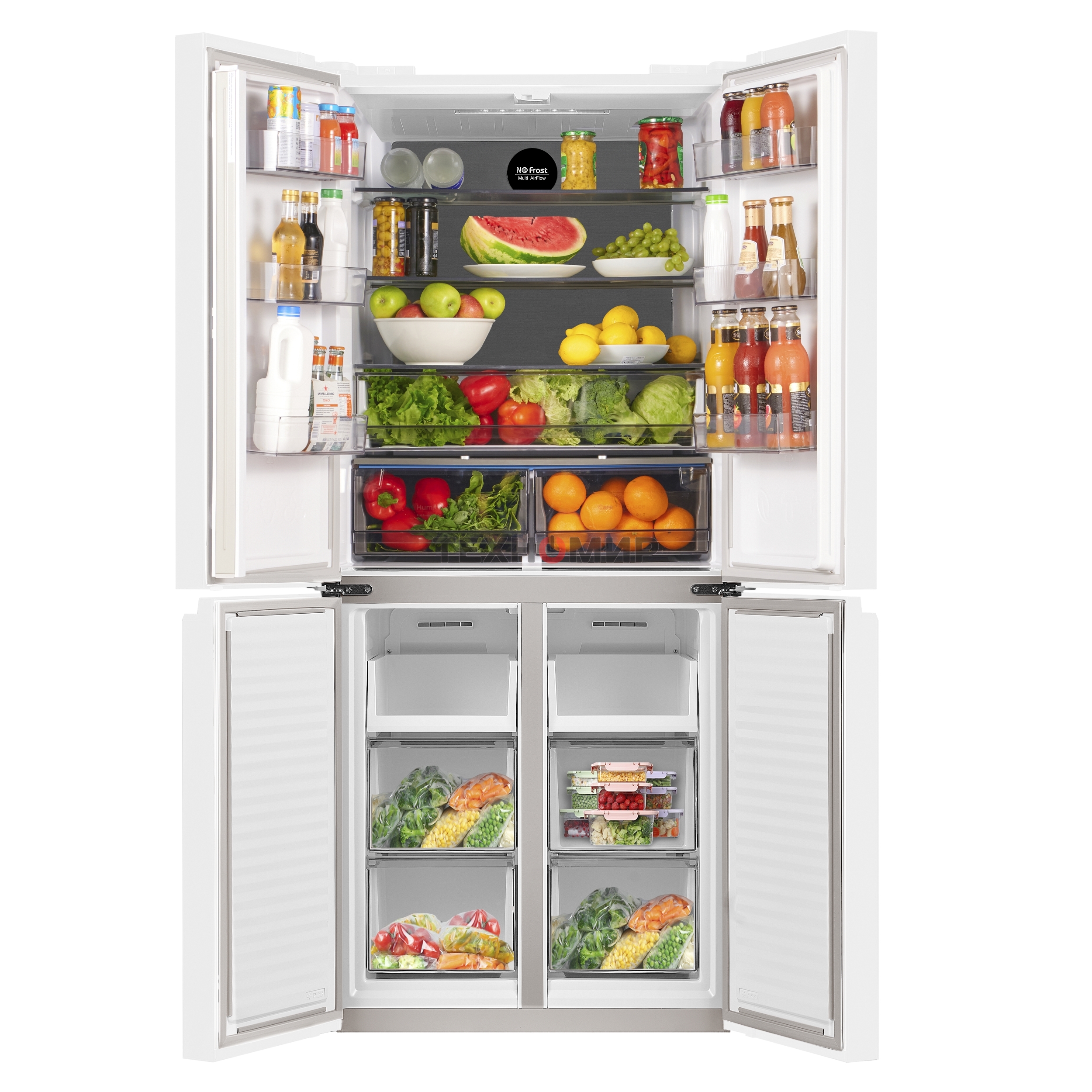 Холодильник Maunfeld MFF183NFWE белый трехкамерный инвертор 270/135л морозилка снизу, Total NoFrost, Side by Side