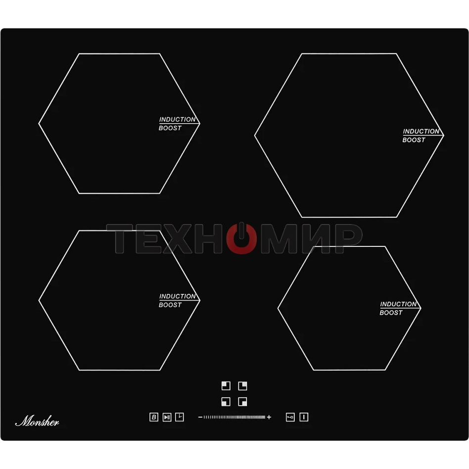 Индукционная варочная панель Monsher MHI 6006, 60 см 9 уровней мощности, инвертер, бустер, блокировка управления, Stop and Go, таймер, автоматическое отключение, сенсорное управление, индикатор остаточного тепла, 5 цифровых дисплеев, черный