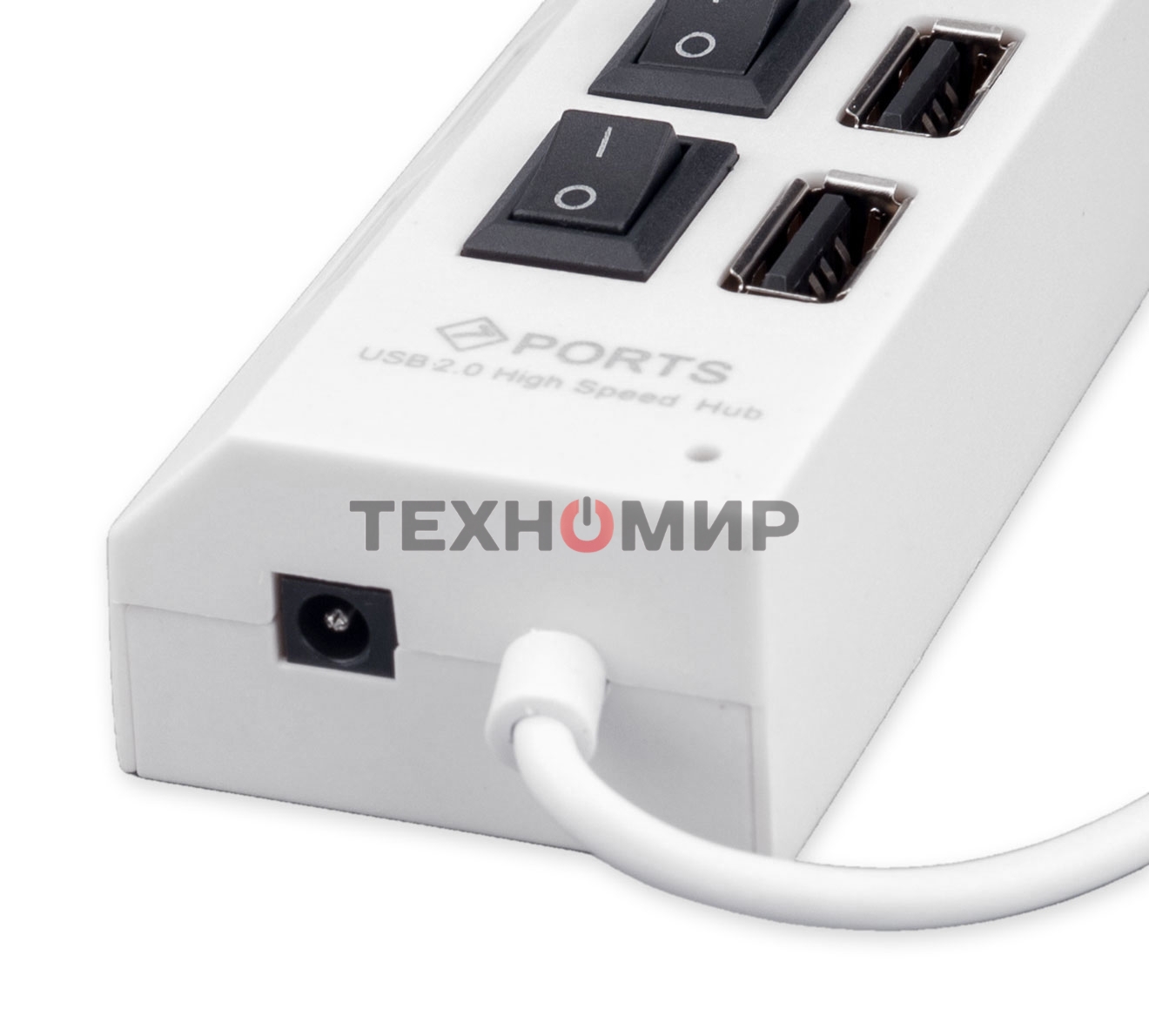 Разветвитель USB2.0 Gembird UHB-243-ADW, 4хUSB, с доп. питанием, подсветка и выключатели, кабель USB 55 см, белый, коробка