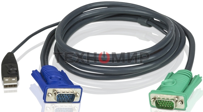 Шнур, мон+клав+мышь USB ATEN, SPHD15=>HD DB15+USB A-Тип, Male-2xMale, 8+4 проводов, опрессованный, 1.8 метр., черный, (2L-5202U)
