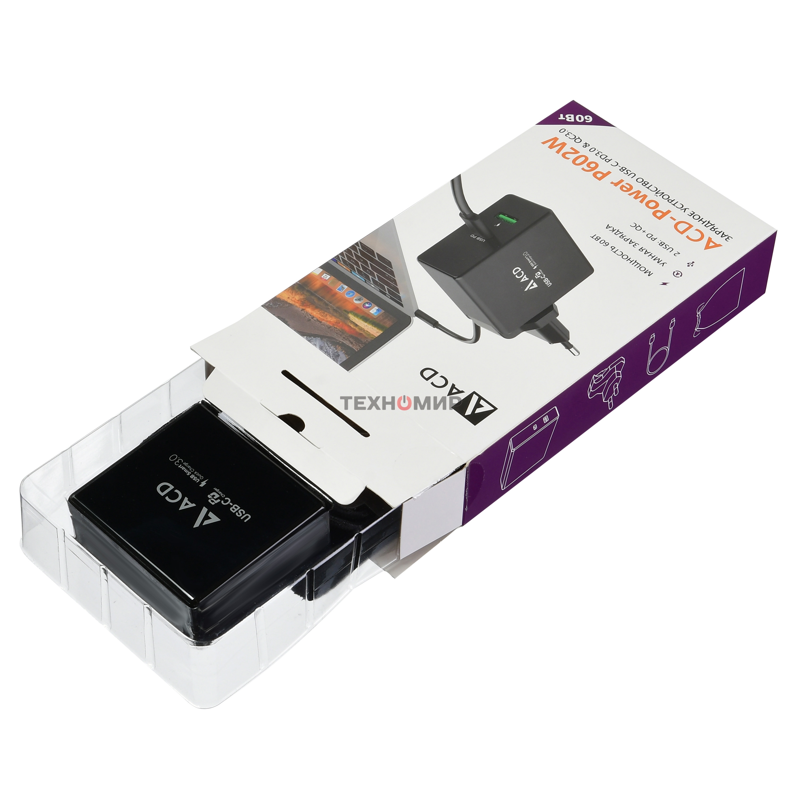 Сетевое зарядное устройство ACD-P602W-V1B 60Вт, 2xUSB 1PD+1QC, 3.6~20В/3А RTL