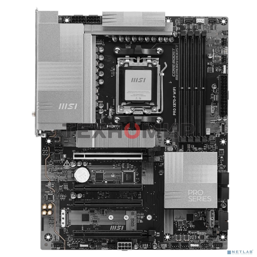Материнская плата MSI PRO X870-P WIFI, AM5, AMD X870, 4xDDR5, 4xSATA, 3xM.2, 1xPCI-E 5.0 x16, 1xPCI-E 4.0 x16, 2xPCI-E 3.0 x1, 1xHDMI, 1xUSB-C, 1xRJ45 5Gb, 2xUSB-A 3.2 Gen 1, 2xUSB-A 3.2 Gen 2, 4xUSB-A 2.0, 1xUSB-C 3.2 Gen 2x2, 1xUSB4, 3x3.5мм, 7.1, ATX