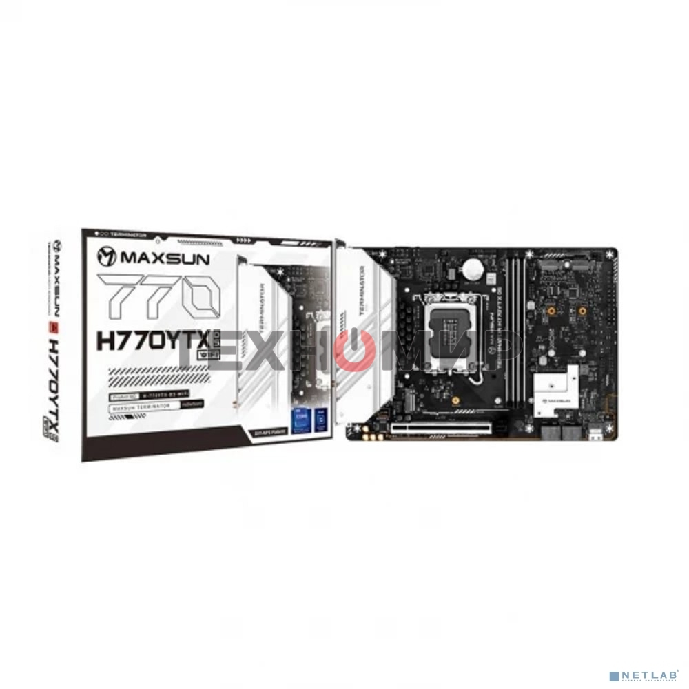 Материнская плата MAXSUN MS-Terminator H770YTX D5 WIFI, LGA1700, Intel H770, 2xDDR5, 4xSATA, 4xM.2, 1xPCIe 5.0 x16, 1xHDMI, 1xDP, 1x2.5Gb LAN, Wi-Fi 6, Bluetooth 5.2, 1xUSB-C 20Gbps, 2xUSB-A 5Gbps, 6xUSB-A 2.0, 3x3.5 мм, 5.1, YTX