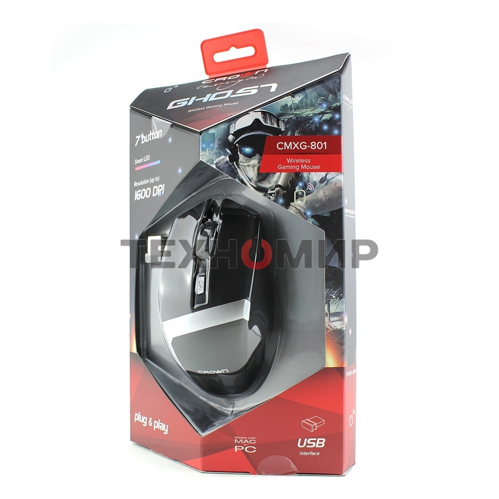 Мышь беспроводная Crown Gaming CMXG-801 черный, 1600 dpi, радиоканал, USB, кнопки - 7
