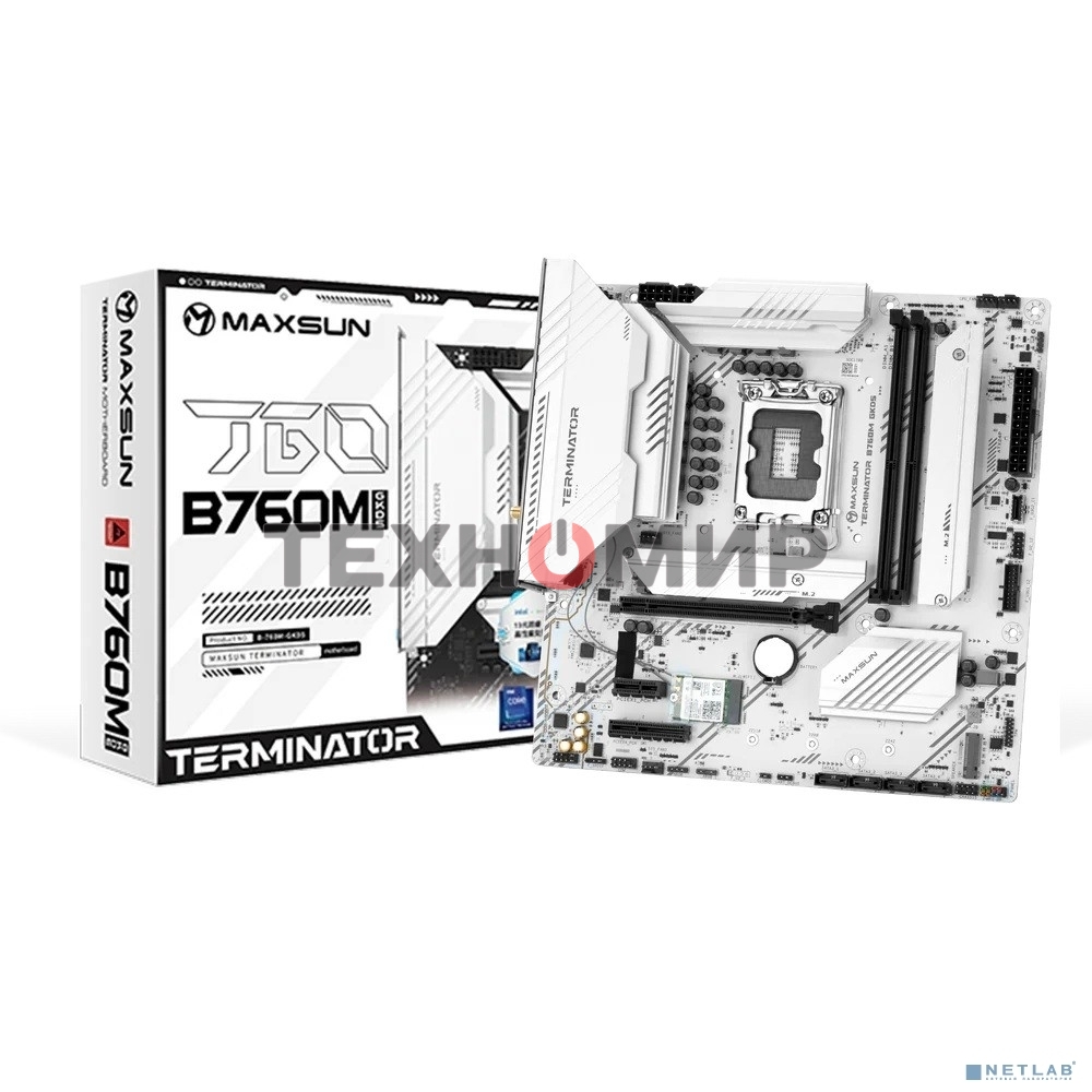 Материнская плата Maxsun MS-Terminator B760M GKD5 ICE, LGA1700, Intel B760, 2xDDR5, 4xSATA, 4xM.2, 1xPCIe 4.0 x16, 1xPCIe 4.0 x4, 1xHDMI, 1xDP, 1x2.5Gb LAN, Wi-Fi 6E, Bluetooth 5.3, 1xUSB-C 20Gbps, 2xUSB-A 10Gbps, 3xUSB-A 2.0, 3x3.5 мм, 7.1, mATX