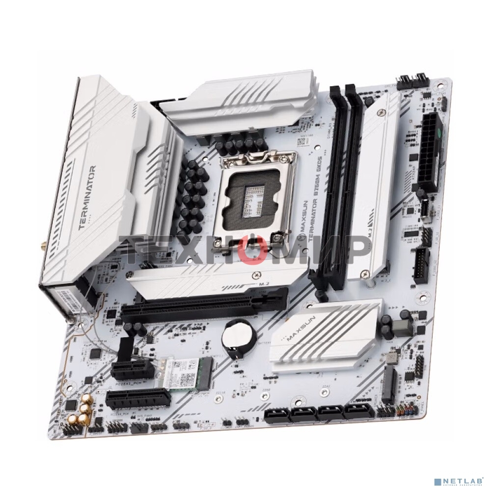 Материнская плата Maxsun MS-Terminator B760M GKD5 ICE, LGA1700, Intel B760, 2xDDR5, 4xSATA, 4xM.2, 1xPCIe 4.0 x16, 1xPCIe 4.0 x4, 1xHDMI, 1xDP, 1x2.5Gb LAN, Wi-Fi 6E, Bluetooth 5.3, 1xUSB-C 20Gbps, 2xUSB-A 10Gbps, 3xUSB-A 2.0, 3x3.5 мм, 7.1, mATX