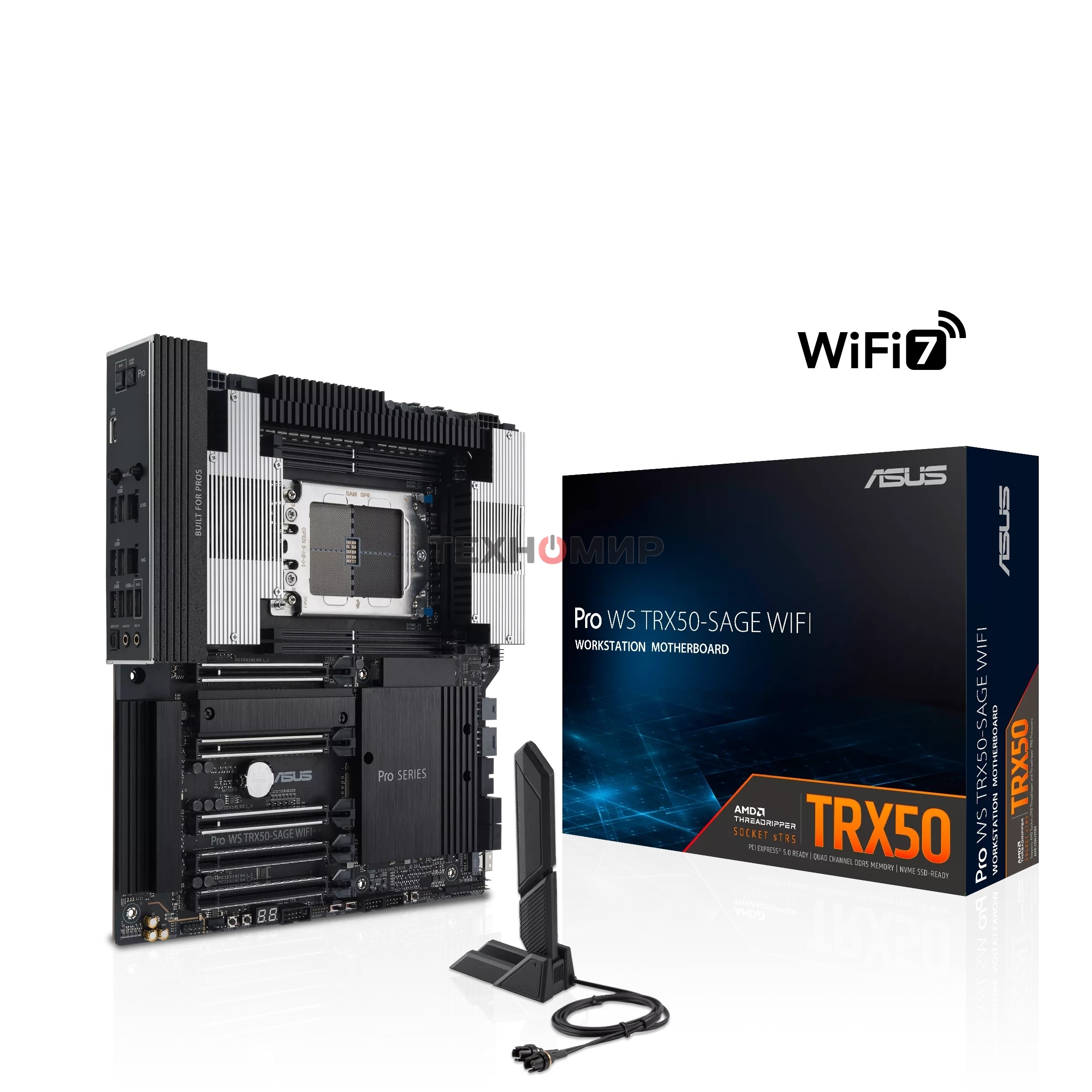 Материнская плата ASUS Pro WS TRX50-SAGE WIFI, sTR5, AMD TRX50, 4xDDR5, 4xSATA, 3xM.2, 1xSlimSAS, 1xPCI-E 5.0 x8, 1xPCI-E 4.0 x16, 1xPCI-E 4.0 x4, 2x 10Gb LAN, 2xUSB-A 2.0, 6xUSB-A 3.2 Gen 2, 1xUSB-C 3.2 Gen 2x2, 2x3.5 мм, 5.1, E-ATX