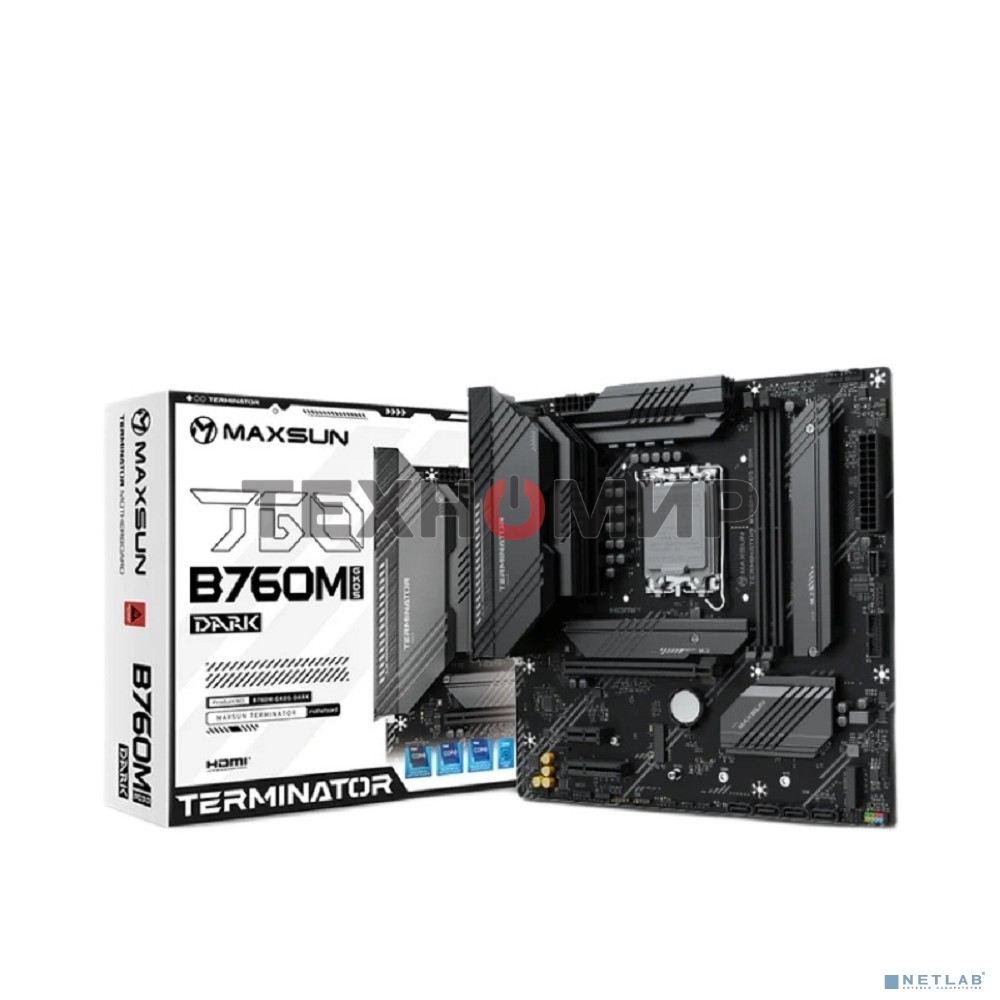 Материнская плата Maxsun MS-Terminator B760M GKD5 DARK, LGA1700, Intel B760, 2xDDR5, 4xSATA, 3xM.2, 1xPCIe 4.0 x16, 1xPCIe 4.0 x4, 1xPCIe 3.0 x1, 1xHDMI, 1xDP, 1x2.5Gb LAN, 1xUSB-C 20Gbps, 2xUSB-A 10Gbps, 3xUSB-A 2.0, 3x3.5 мм, 7.1, mATX