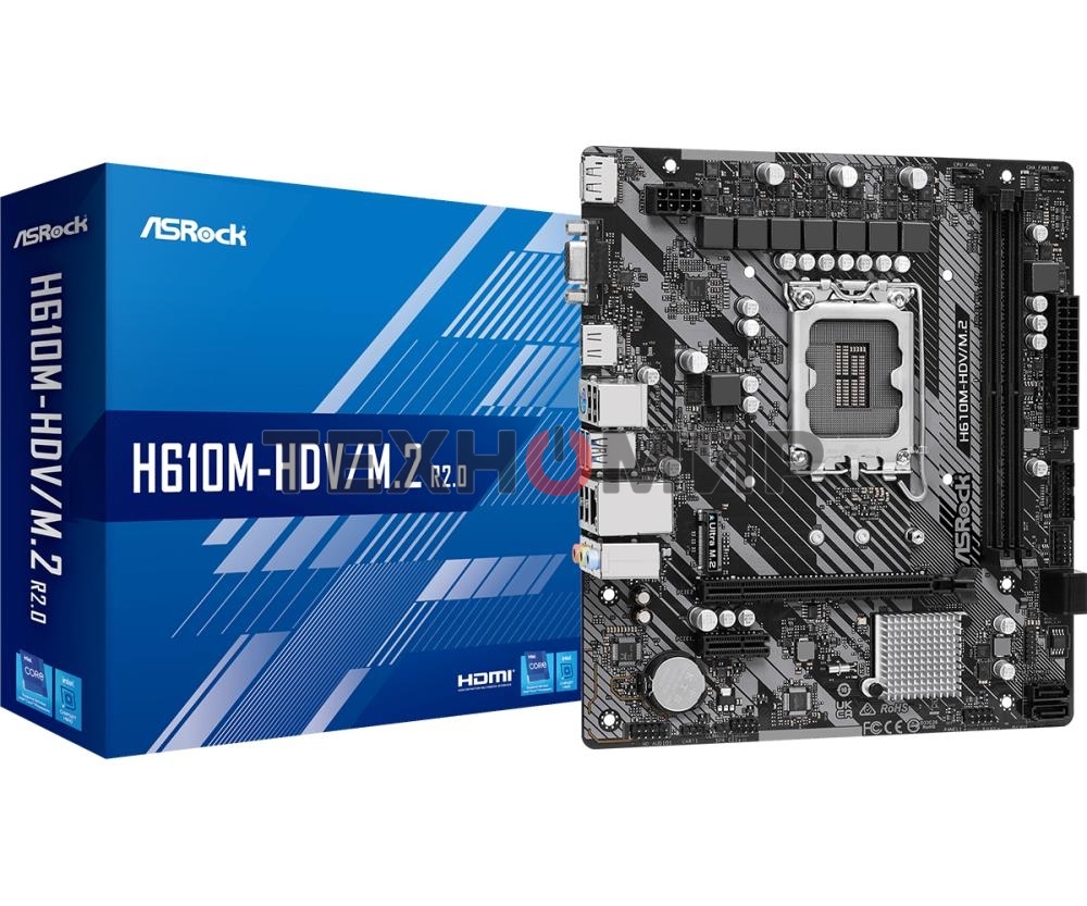 Материнская плата ASRock H610M-HDV/M.2 R2.0, LGA 1700, Intel H610, 2xDDR4, 4xSATA, 1xM.2, 1xPCIe 4.0 x16, 1xPCIe x1, 1xDP, 1xHDMI, 1xVGA, 1x 1Gb LAN, 2xUSB-A 3.2 Gen 1, 4xUSB 2.0, 3x3.5 мм, 7.1, mATX