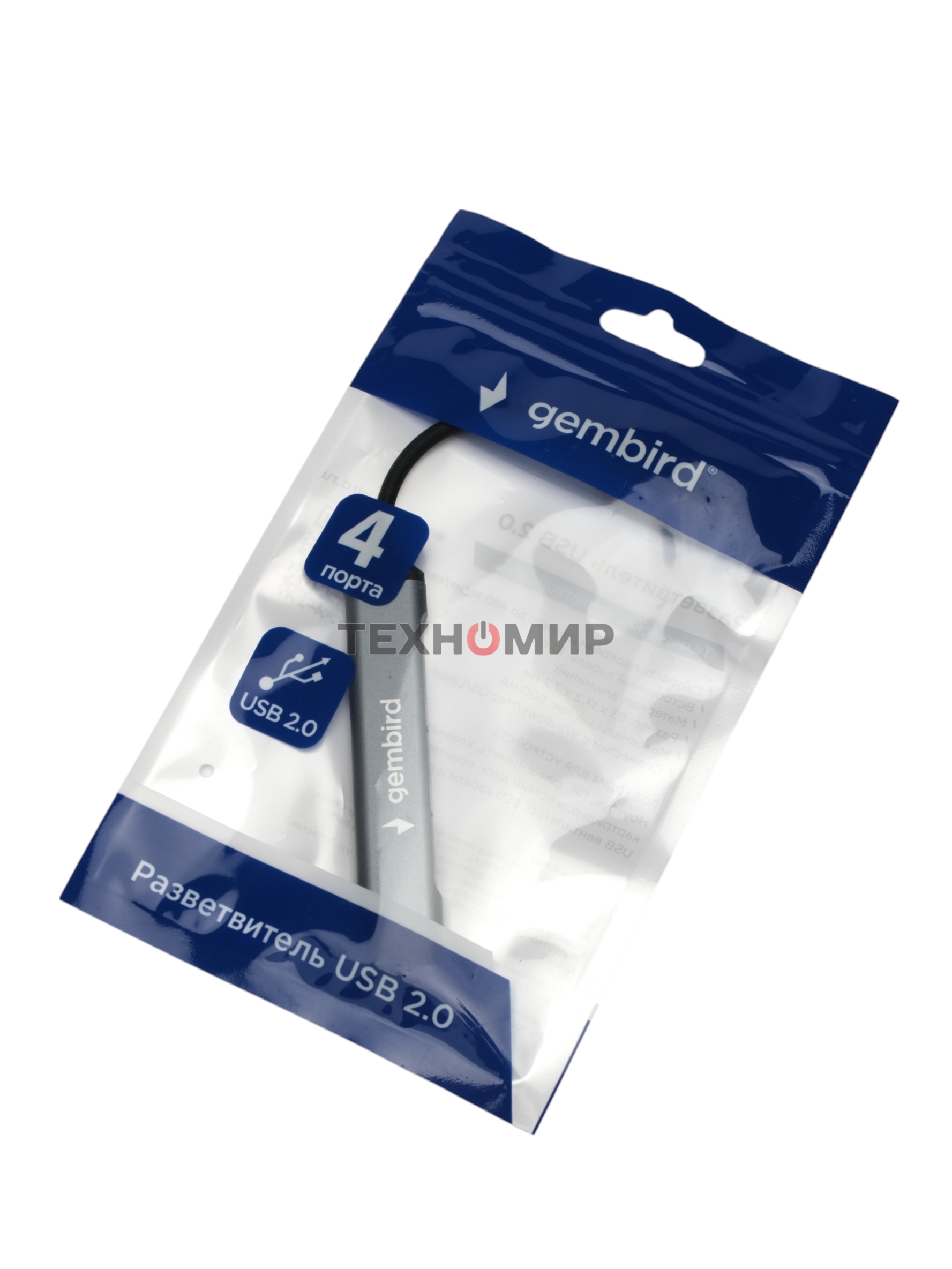 Разветвитель USB2.0 Gembird UHB-C203, 4xUSB2.0, кабель USB 10 см, алюминий, пакет