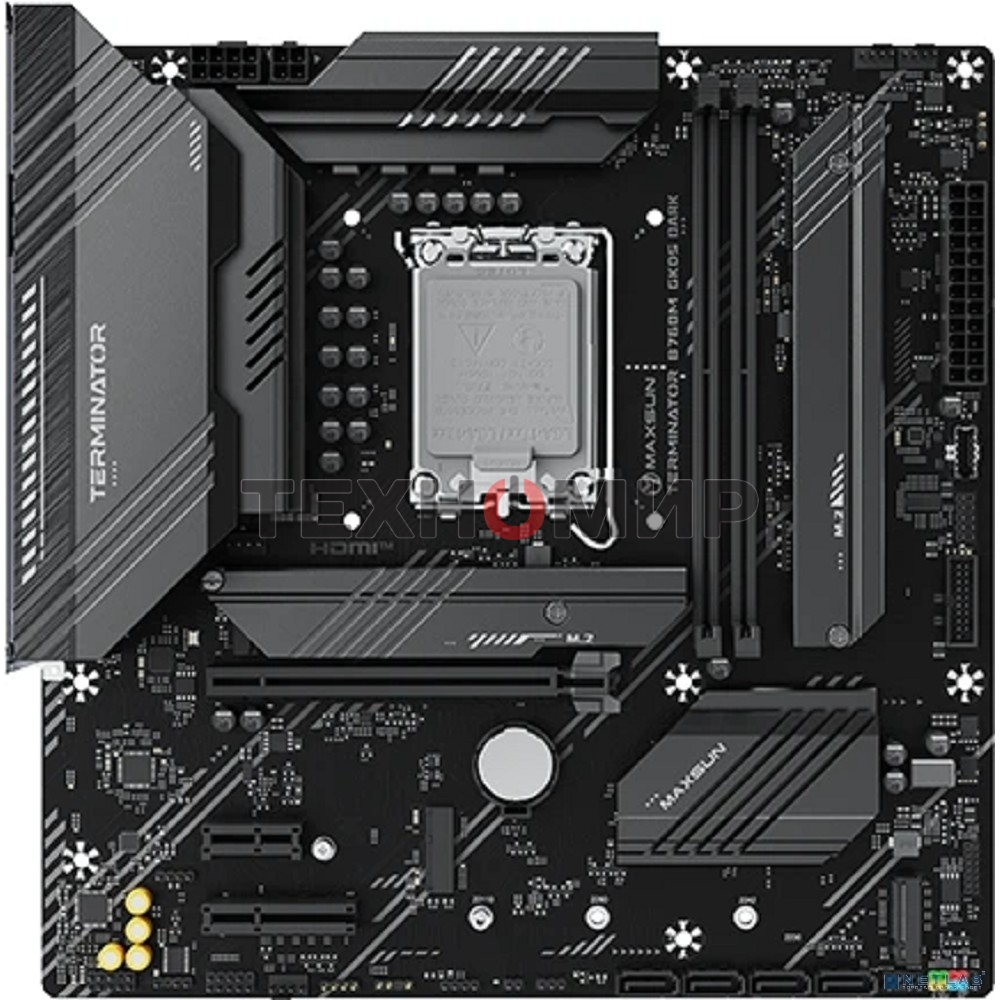 Материнская плата Maxsun MS-Terminator B760M GKD5 DARK, LGA1700, Intel B760, 2xDDR5, 4xSATA, 3xM.2, 1xPCIe 4.0 x16, 1xPCIe 4.0 x4, 1xPCIe 3.0 x1, 1xHDMI, 1xDP, 1x2.5Gb LAN, 1xUSB-C 20Gbps, 2xUSB-A 10Gbps, 3xUSB-A 2.0, 3x3.5 мм, 7.1, mATX