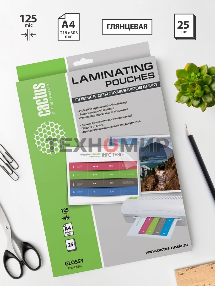 Пленка для ламинирования Cactus 125мкм A4 (25шт) глянцевая 216x303мм CS-LPGA412525