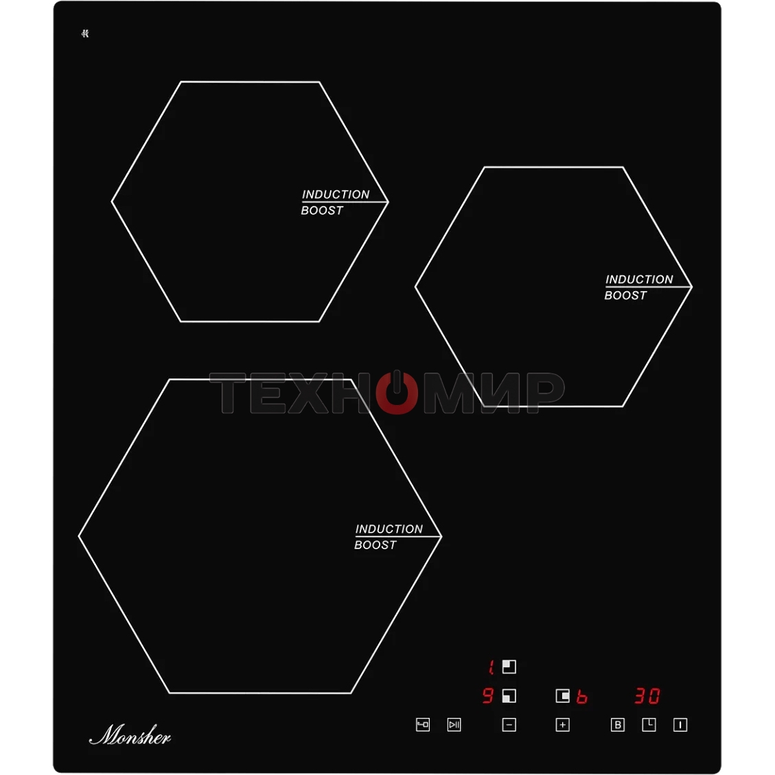 Индукционная варочная панель Monsher MHI 4505, 45 см 9 уровней мощности, инвертер, бустер, блокировка управления, Stop and Go, таймер, автоматическое отключение, сенсорное управление, индикатор остаточного тепла, 4 цифровых дисплея, черный