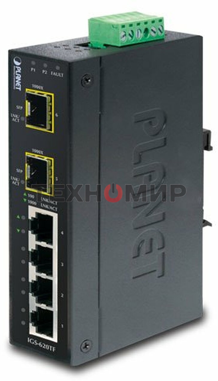 КоммутаторIGS-620TF индустриальный неуправляемыйIP30 Industrial 4-Port 10/100/1000T + 2-Port 100/1000X SFP Gigabit Switch (-40 to 75 degree C)