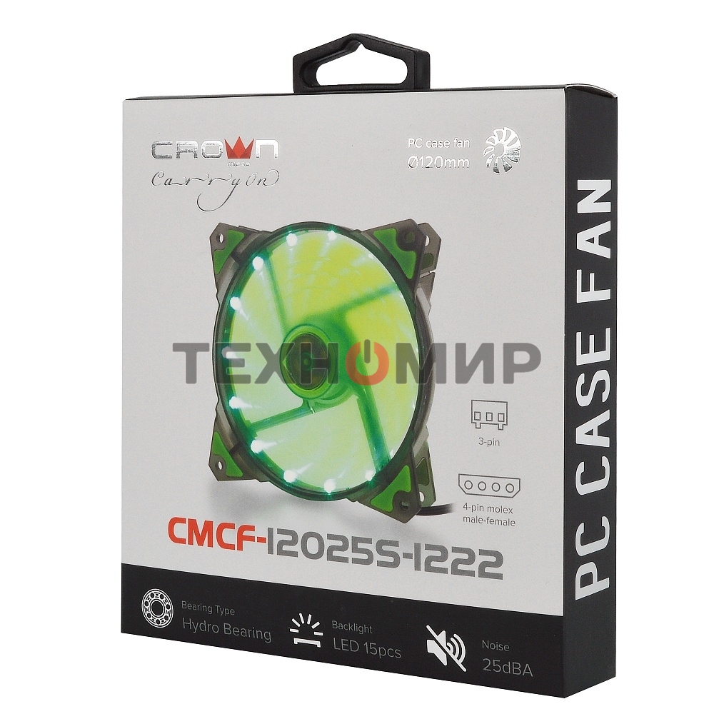 Вентилятор для корпуса Crown CMCF-12025S-1222 черный/зеленый, 120 мм, 1650 об/мин, 28 дБ, 3 pin