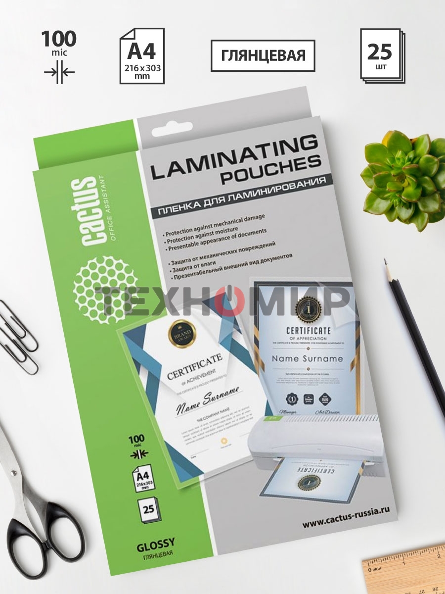 Пленка для ламинирования Cactus 100мкм A4 (25шт) глянцевая 216x303мм CS-LPGA410025