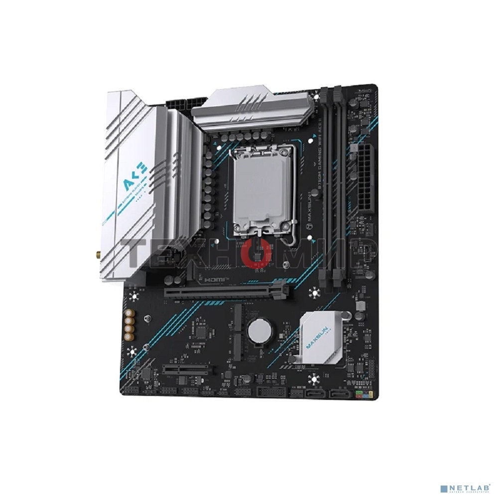 Материнская плата Maxsun MS-B760M GAMING WIFI ACE II, LGA1700, Intel B760, 2xDDR5, 2xSATA, 3xM.2, 1xPCIe 4.0 x16, 1xPCIe 4.0 x4, 2xHDMI, 1xDP, 1x2.5Gb LAN, Wi-Fi 6, Bluetooth 5.2, 1xUSB-C 10Gbps, 2xUSB-A 5Gbps, 2xUSB-A 2.0, 3x3.5 мм, 7.1, mATX